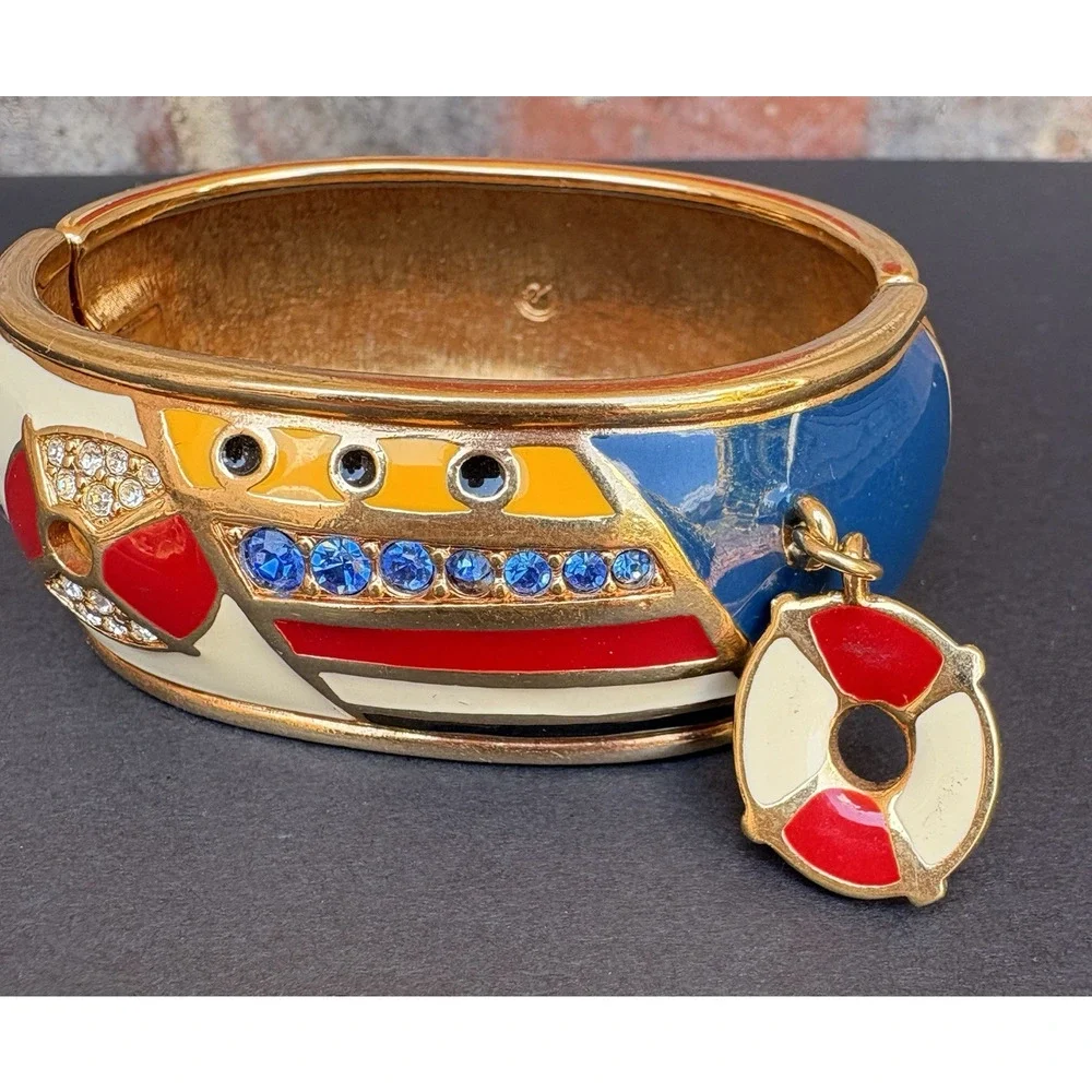 Swarovski Crystal Bracelet Wide Hinged Gold Tone Enamel Charm Cuff Nautical‎ - Picture 2 of 10